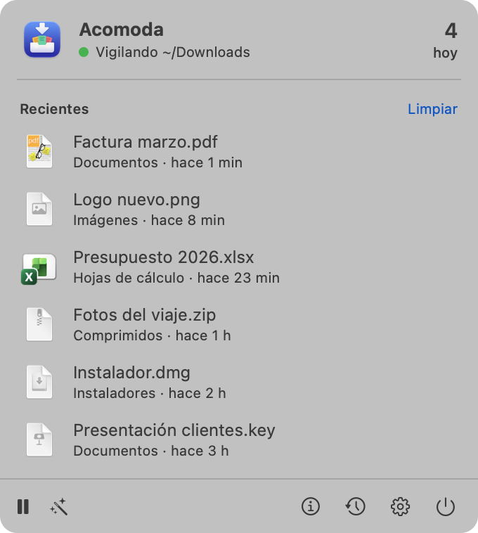 El panel de Acomoda abierto desde la barra de menú, con los archivos acomodados recientemente